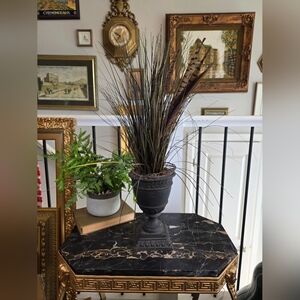 Tall Faux Grass Plant in Ornate Black Urn - Neoclassical Gothic Revival Feathers